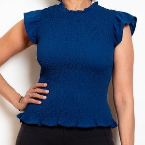 AQUA Blue Ruffle Trim Cap-Sleeved Smocked Top, Size S